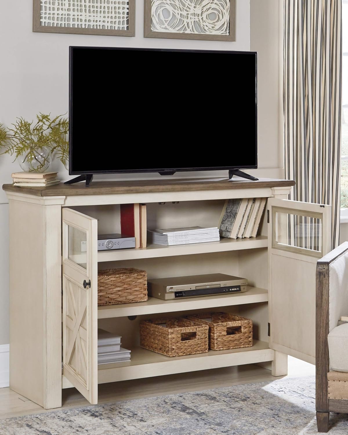 Signature Design by Ashley Bolanburg Two Tone Farmhouse TV Stand, Fits TVs up to 72, 3 Cabinets and Adjustable Storage Shelves, Whitewash