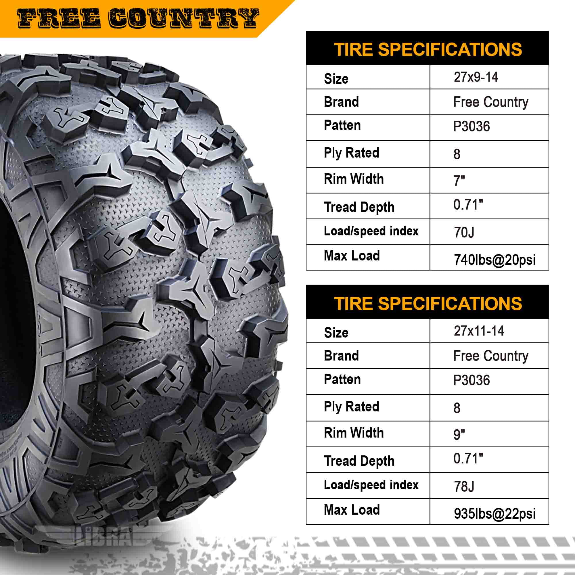 FREE COUNTRY 8PR Premium ATV/UTV Tires 27x9x14 & 27x11x14 fit 19-20 Arctic-Cat HAVOC BASE