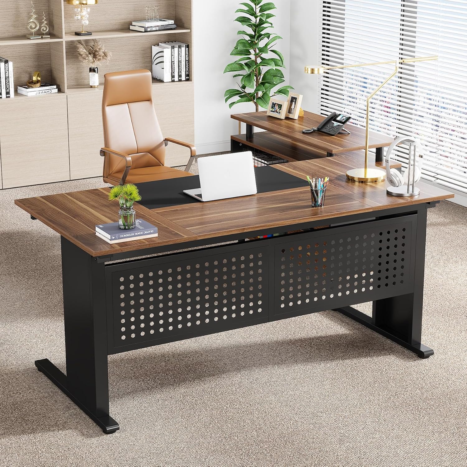 Large Computer Desk with File Cabinet, 63 Inch Executive Desk L Shaped Office Desk, Business Furniture Desk Workstation for Home Office, Brown and Black