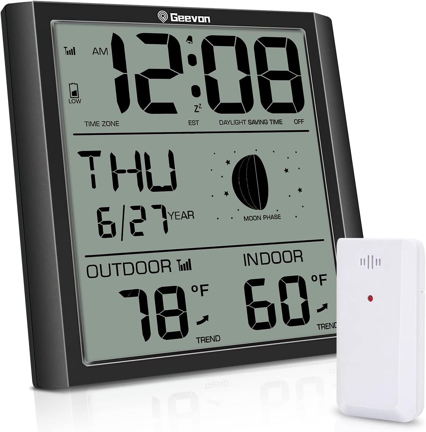 Geevon Digital Atomic Wall Clock,Auto-Set Atomic Alarm Clock with Indoor Outdoor Temperature,Calendar,Moon Phase for Home Office Elderly(1 Wireless Outdoor Sensor) Update