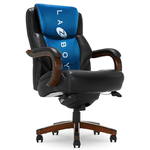 La-Z-Boy Delano Big & Tall Executive Office Chair, Ergonomic Mid-Back Body Pillow Lumbar Support, ComfortCore Memory Foam Cushion, Mahogany Wood Arms & Swivel Base, Bonded Leather, Chestnut Brown