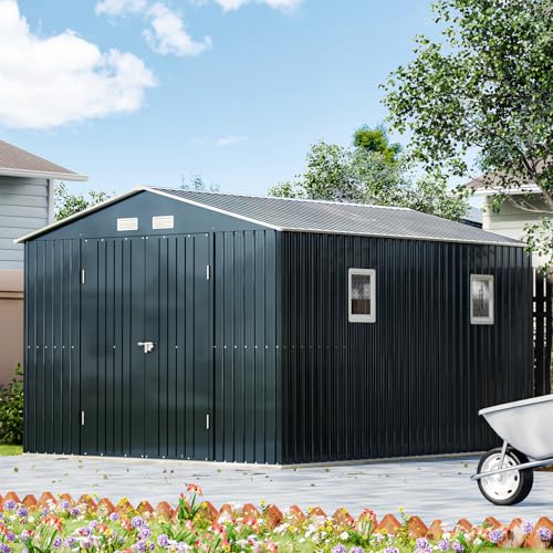 10X12X7.5 FT Outdoor Steel Storage Shed with Lockable Doors, 2 Windows, Transparent Roof Panels (Wood Panels & Frame Floor Not Included), Ideal for Patio Storage,Garbage Can, Chicken Coop，Brown