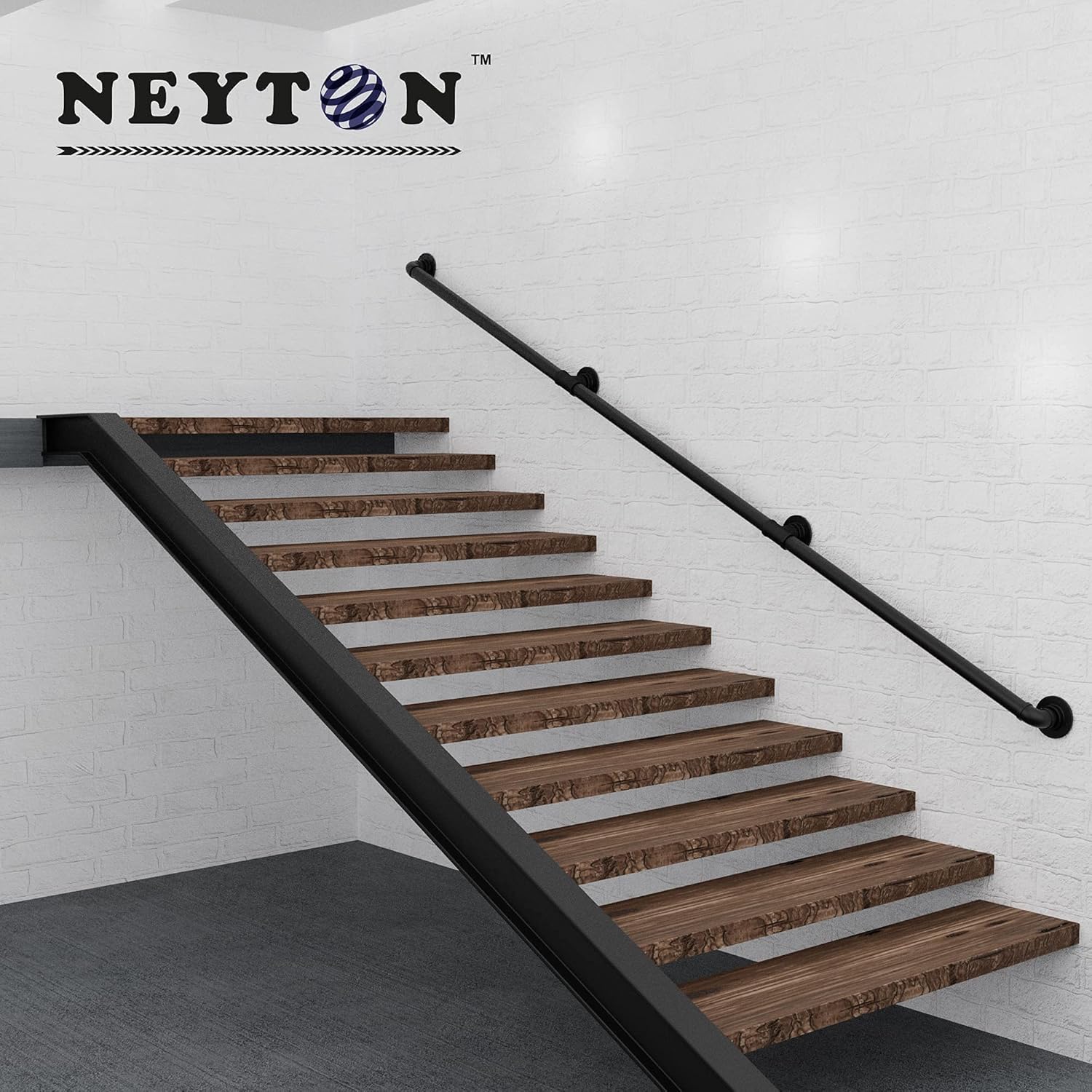 NEYTON 10ft Iron Stair Handrail for Indoor | Heavy Duty Stair Railing Iron Pipe | Wall Mounted Staircase Handrails Pack of 2