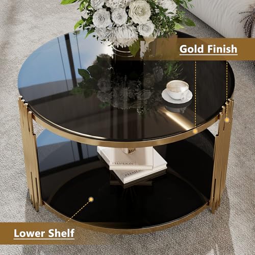 LUMISOL Round Mirror Coffee Table with Tempered Glass Tabletop and Circular Metal Drum Base, 31.5" Cocktail Table with Asymmetrical Metal Tubing, Black