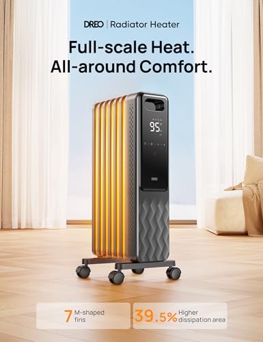 Dreo 1500W Radiator Heater, Portable Space Oil Filled with Remote Control, 4 Modes & 1500W Oil Filled Radiator, Electric Radiant Heaters for indoor use Large Room with Remote