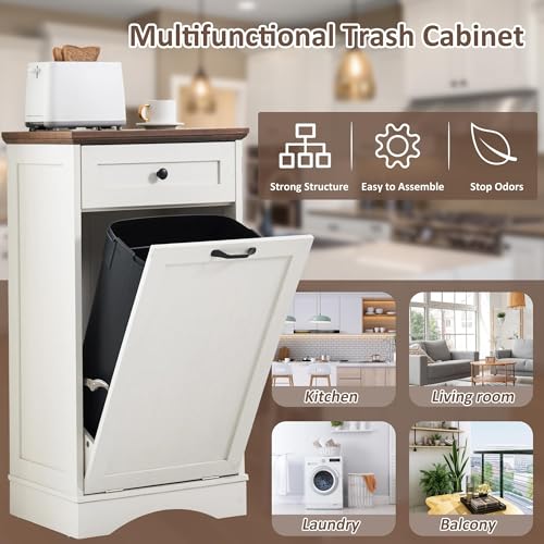 13 Gallons Tilt Out Trash Can Cabinet Freestanding Trash Cabinet Wood Garbage Recycling Cabinet with Hideaway Drawer Pet Proof Trash Can Holder for Kitchen Living Room, White