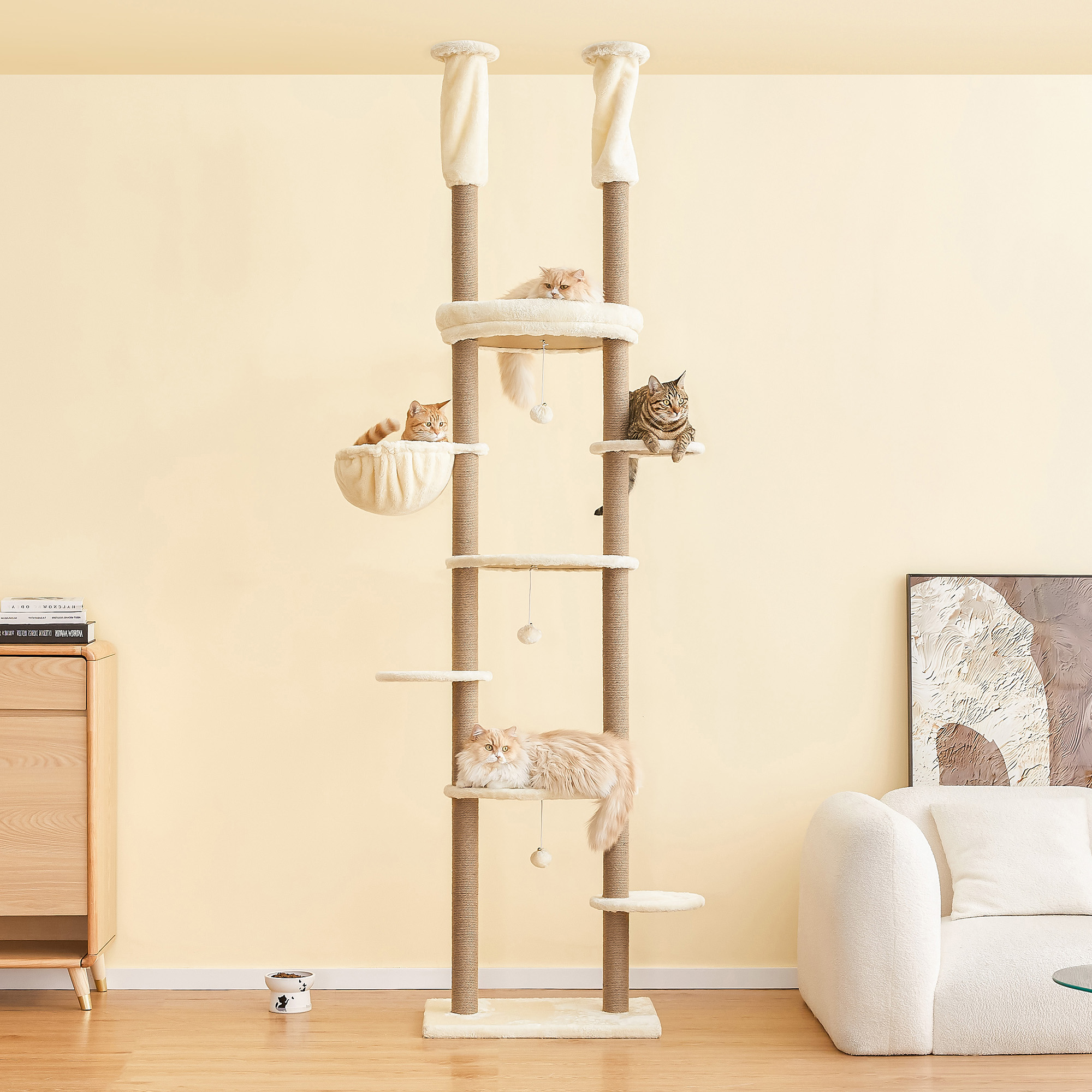 Furcato 92.1"-101.6" Adjustable Height Cat Tree, Floor to Ceiling Cat Tower, 7 Tiers Cat Climbing Tree with Hammock, Fully Sisal Scratching Posts for Indoor Cats, Beige