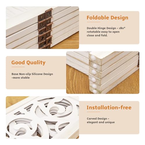 Folding Room Divider, 5.6Ft 6 Panels Wood Carved Privacy Screens, Free Assembled Freestanding Portable Reversible Functional Decorative Partition for Home Office Bedroom (White-Washed)