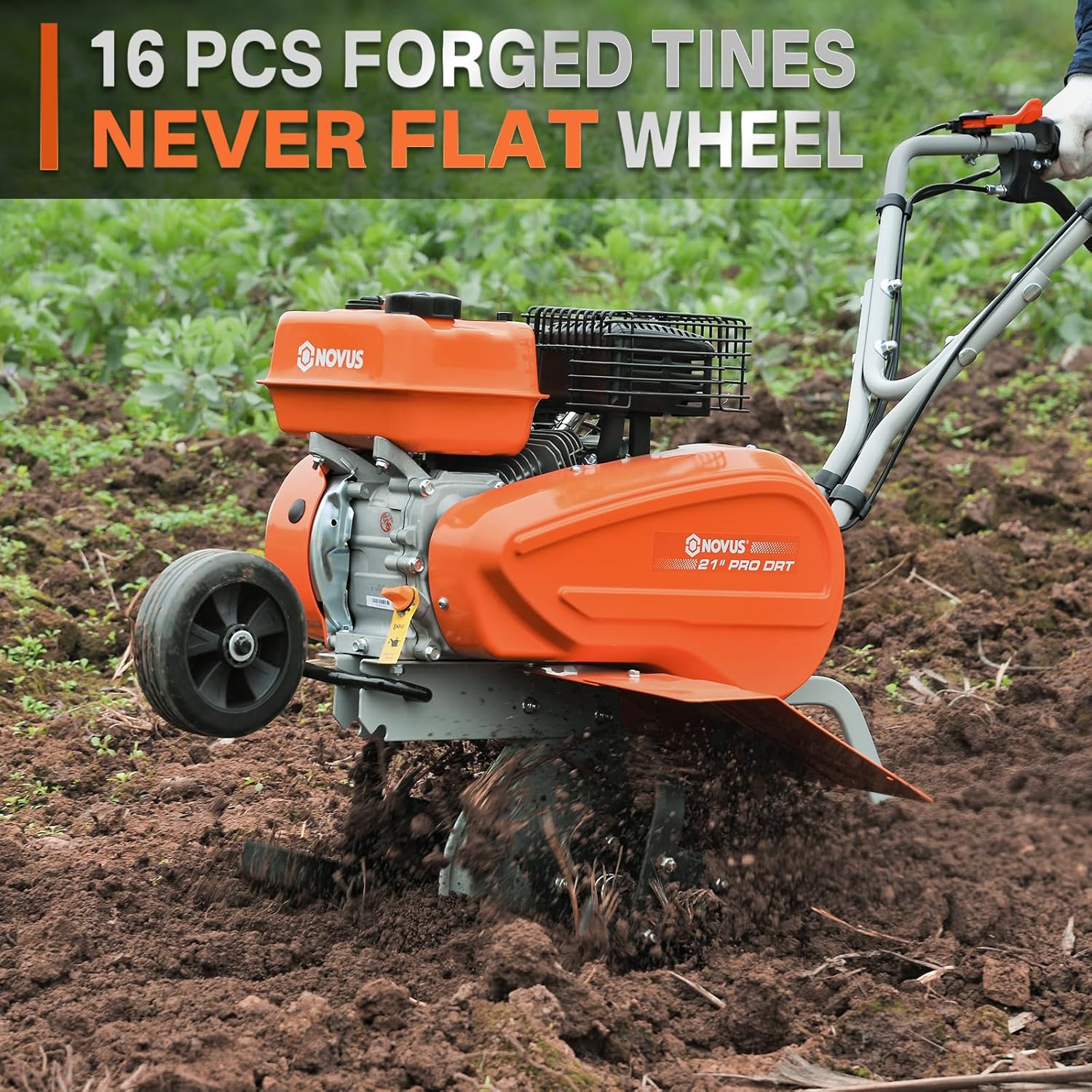 NOVUS Gas Tiller 21-Inch Gas Powered Front Tine Tiller Cultivator 212cc 4-Cycle Gas Engine with Toolless Adjustable Tilling Width 12in-21in, Gas Tiller for Gardening, Garden Tillers Gas Powered