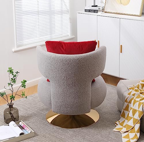 Swivel Accent Chair, Upholstered Barrel Chair with Pillow, 360 Degree Swivel Comfy Single Sofa Chair for Living Room, Bedroom, Lounge, Home Office (White with Orange Pillow, Teddy)