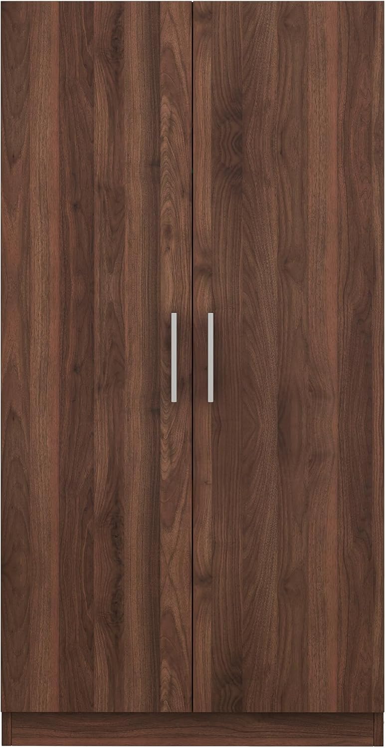 Freestanding Mirror Wardrobe with 2 Drawers & Shelves, Armoire Storage Closet w/Hanging Rod, Bedroom Clothes Cabinet Organizer, for Home/Wulnut, Brown