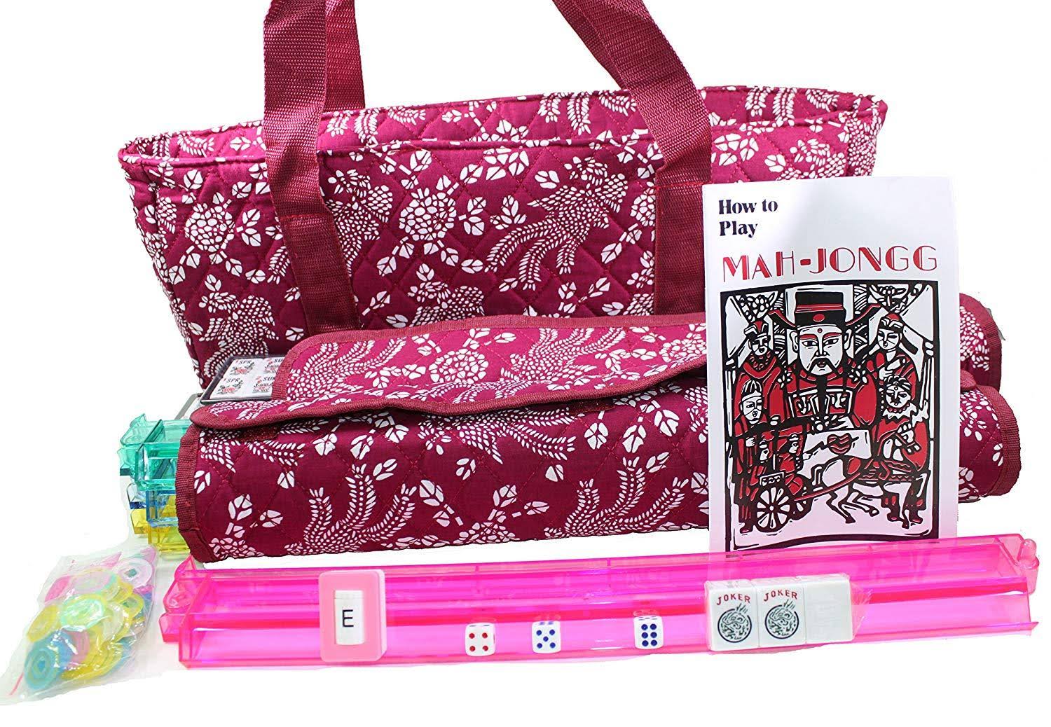 166 Tiles American Mahjong Set Violet Red Phoenix Soft Bag 4 Color Pushers/Racks Easy Carry Western Mahjongg