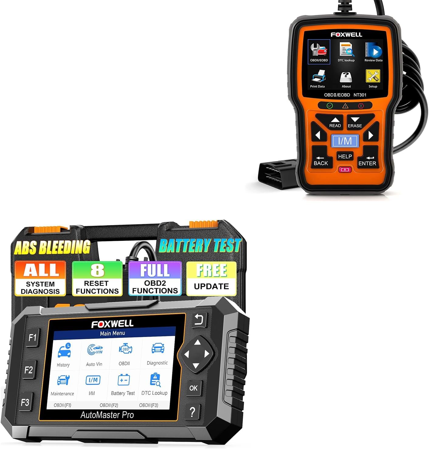 FOXWELL NT624 Elite OBD2 Scanner, ALL System with 8 Resets ABS Bleeding/SAS/Oil/TPS/EPB/BRT/Injector/D-P-F + NT301 OBD2 Scanner Live Data Professional Mechanic OBDII Diagnostic Code Reader