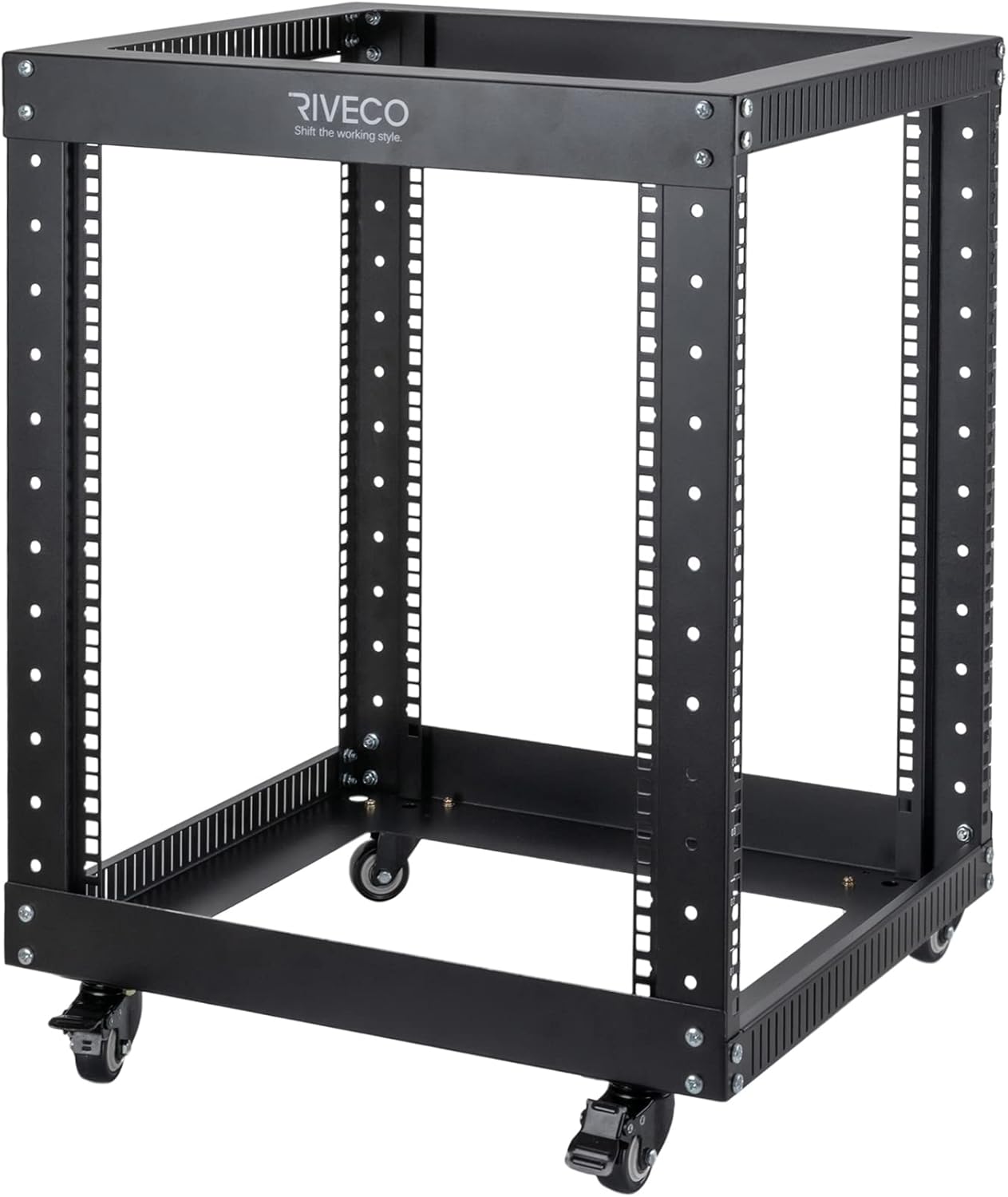RIVECO 9U Open Frame Server Rack with Casters- Heavy Duty 4 Post Quick Assembly 19-inch, Stereo Rack Network Cabinet Black