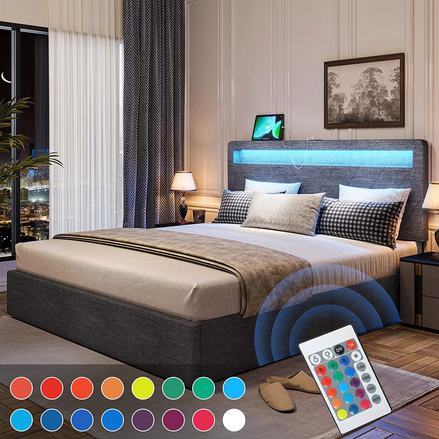 Queen Bed Frame with 4 Storage Drawers and 2 USB Charging Station, Upholstered Platform Bed Frame with LED Headboard,Dark Grey