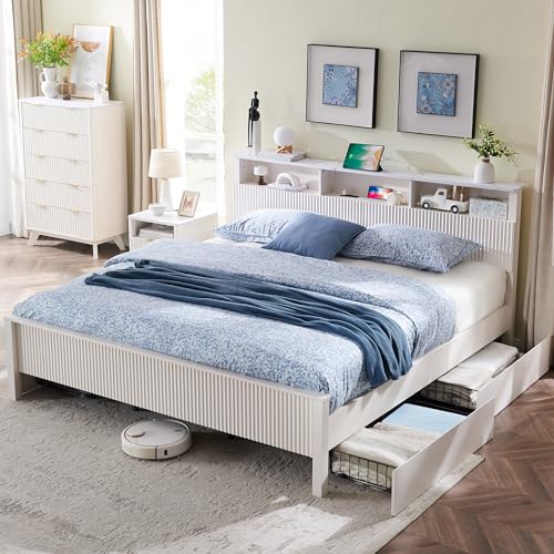 T4TREAM Fluted Panel King Bed Frame with Bookcase Headboard & Charging Station, Modern Wood Platform Bed with 4 Drawers, Wood Slats Support, Noise Free, No Box Spring Needed, Dark Grey