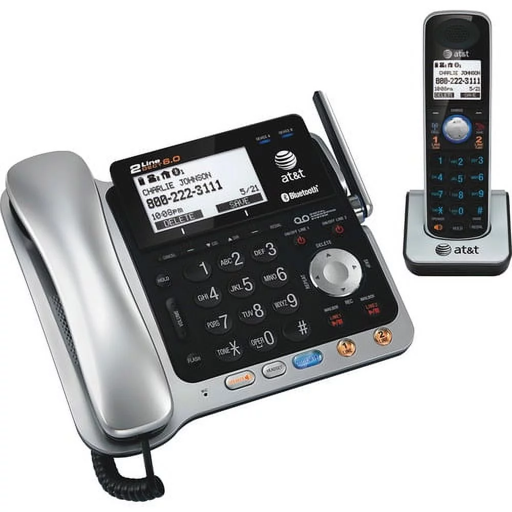AT&T TL86109 DECT 6.0 2-Line Expandable Corded/Cordless Phone with Bluetooth Connect to Cell and Answering System, Silver/Black, 1 Handset 2 x Phone Line - Speakerphone - Answering Machine - Backlight