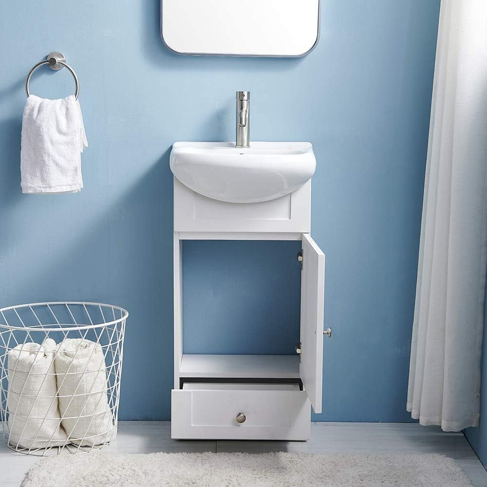 18" Small Bathroom Vanity with Sink, Modern Bathroom Vanity Set in White, Narrow Bathroom Vanity Sink Combo for Small Space, Bathroom Vanity Sink Cabinet with 1 Door and 1 Drawer