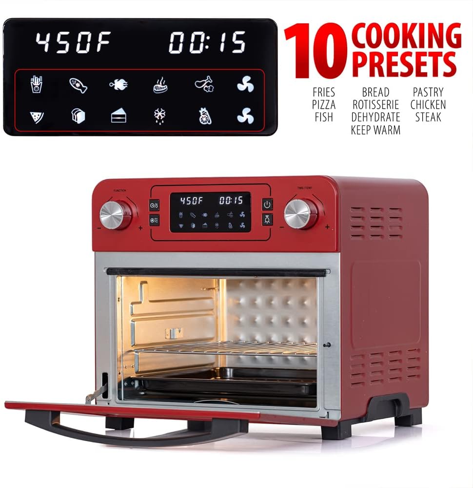 Deco Chef TQAIRRED 24QT Stainless Steel Countertop Toaster Air Fryer Oven Red (Renewed)