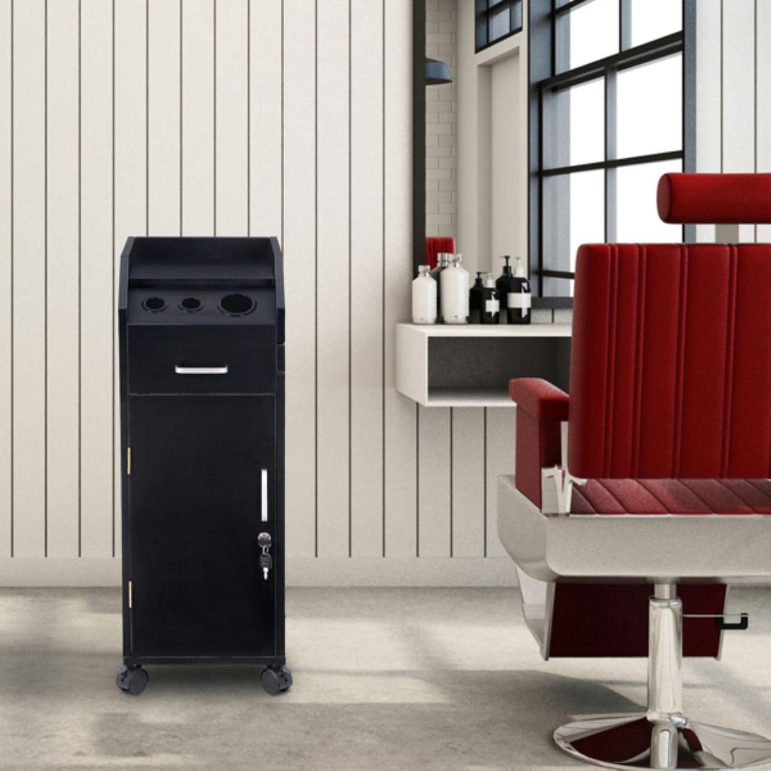 Beauty Hair Salon Trolley Storage Cart with 4 Drawers, 3 Hair Dryer Holder and Space-Saving Side Tray, Stylist SPA Beauty Hairdressing Equipment with Lockable Rolling Wheels, Black