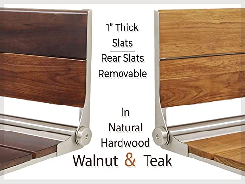 Teak Shower Seat - Type 304 Stainless Steel/Contoured 1" Natural Wood Slats/ADA Folding Wall Mount Bench/Matte Black / 18" x 16"