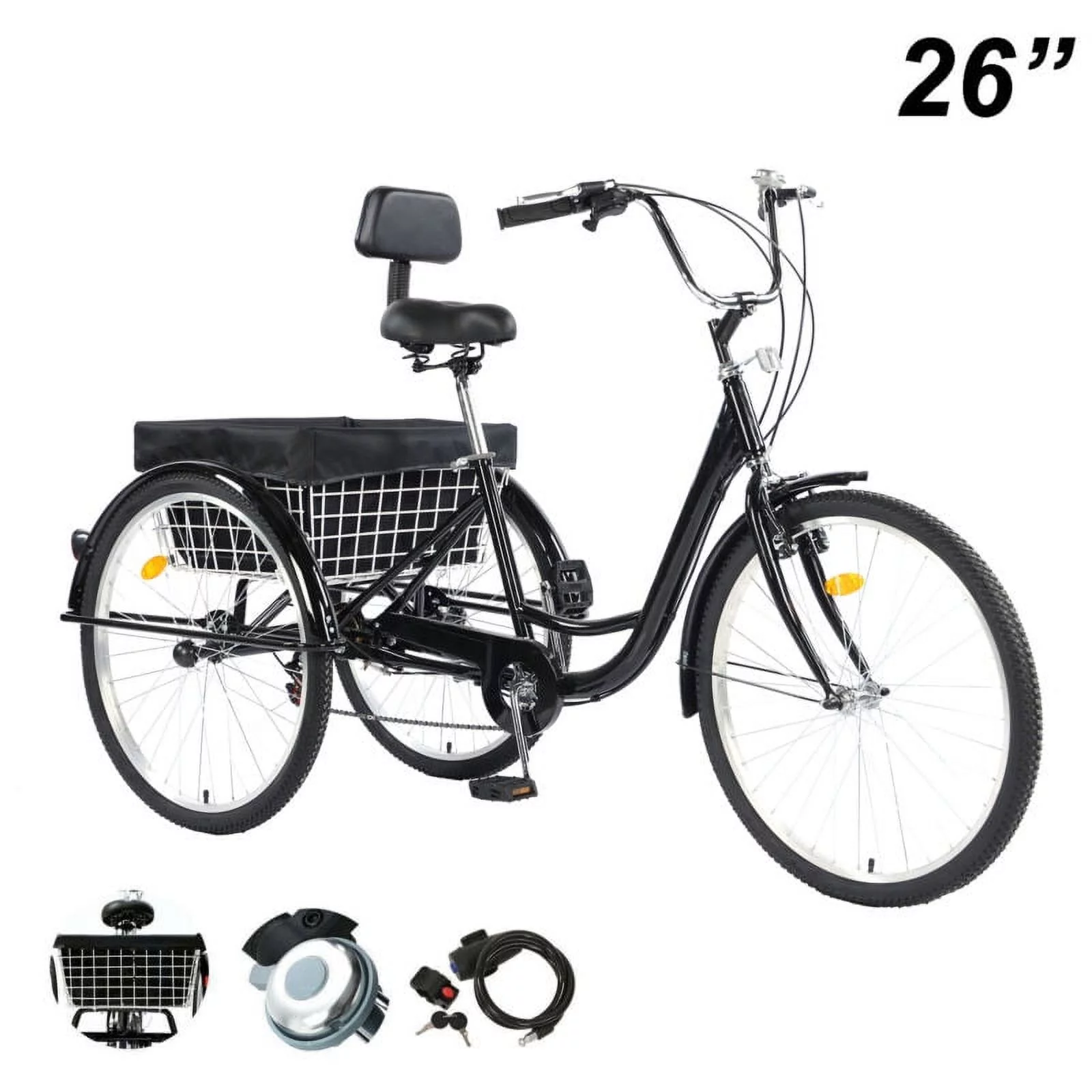 PRIJESSE 26 Inch  Adults Tricycle 7-Speed for Shopping and Travel with basket Multifunctional and Practical 3-Wheel Bike (Black)
