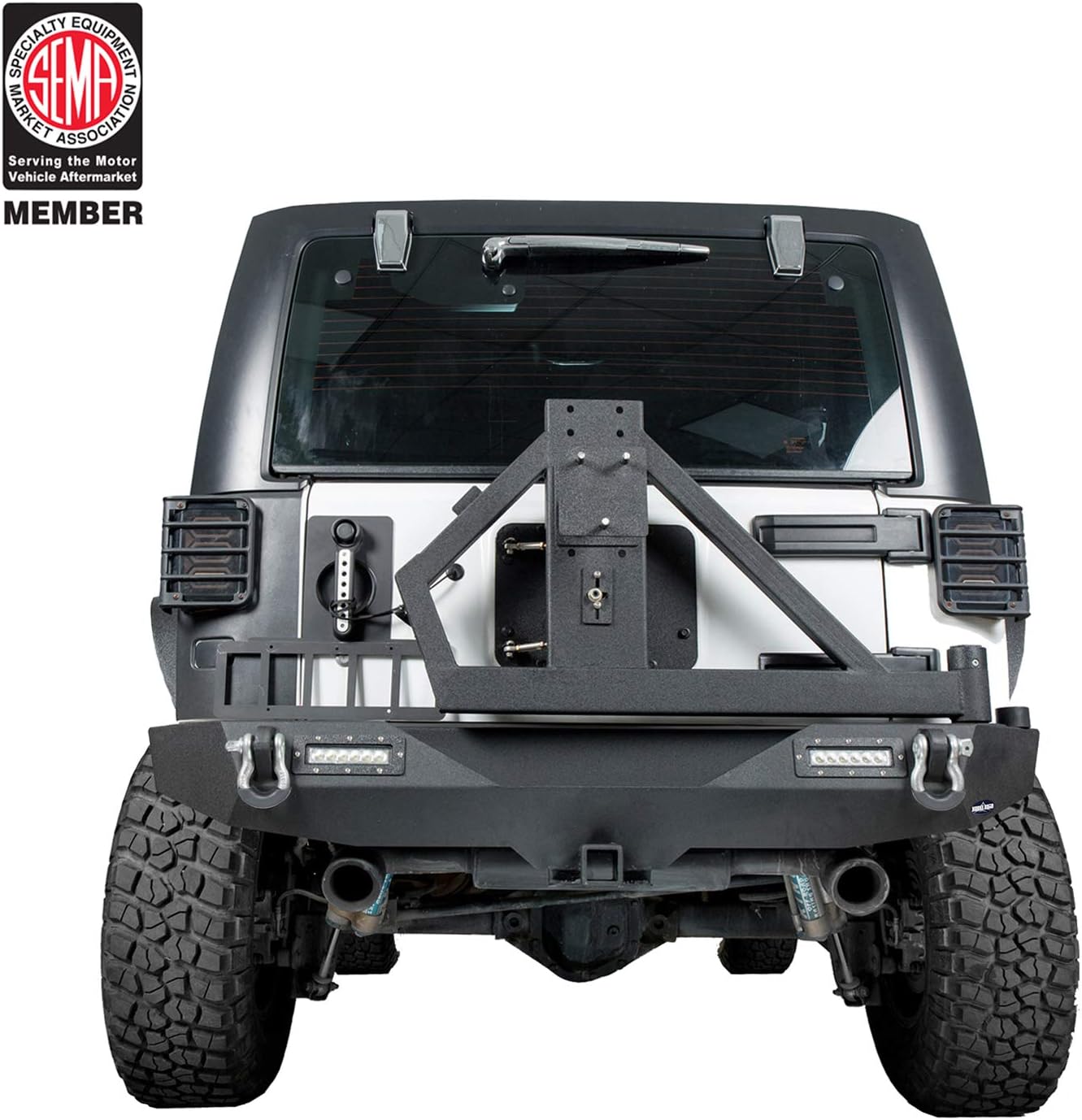Hooke Road Wrangler JK Rear Bumper with Spare Tire Carrier and 2 Receiver Hitches Compatible with Jeep Wrangler JK & Unlimited 2007-2018