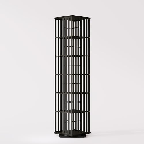 Rotating Bookshelf Tower, 360 Display Spinning Bookcase, Bamboo Bookshelf Floor Standing Storage Rack, Wood Narrow Book Shelf Organizer for Kids&Adults, Walnut 6 Tier