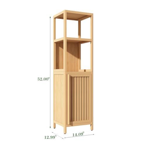Tall Bathroom Storage Cabinet, Bamboo Storage Cabinet with Door and 2 Tier Shelves - Narrow Bathroom Cabinet Freestanding for Bedroom, Living Room and Kitchen (52")