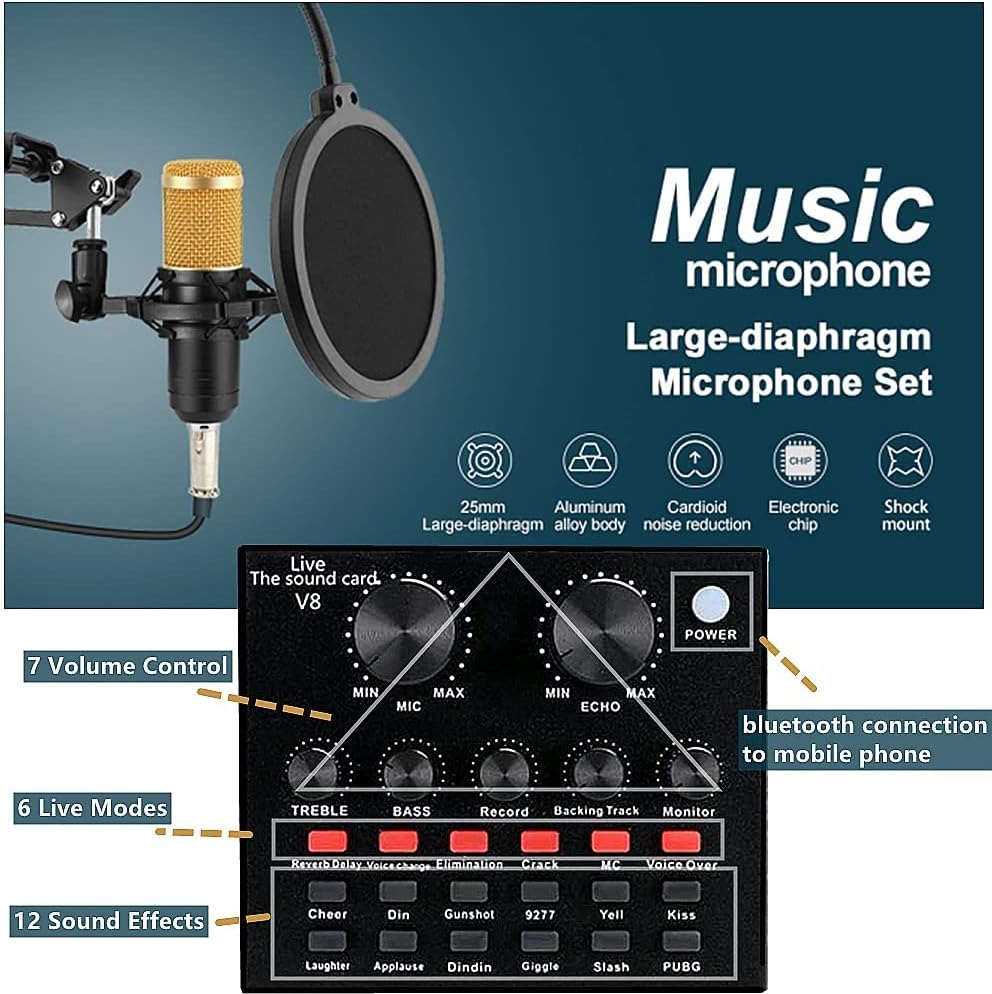 Podcast Equipment Bundle, BM-800 Recording Studio Package with Voice Changer, Live Sound Card - Audio Interface for Laptop Computer Vlog Living Broadcast Live Streaming YouTube TikTok (AM100-V8) Pack of 2