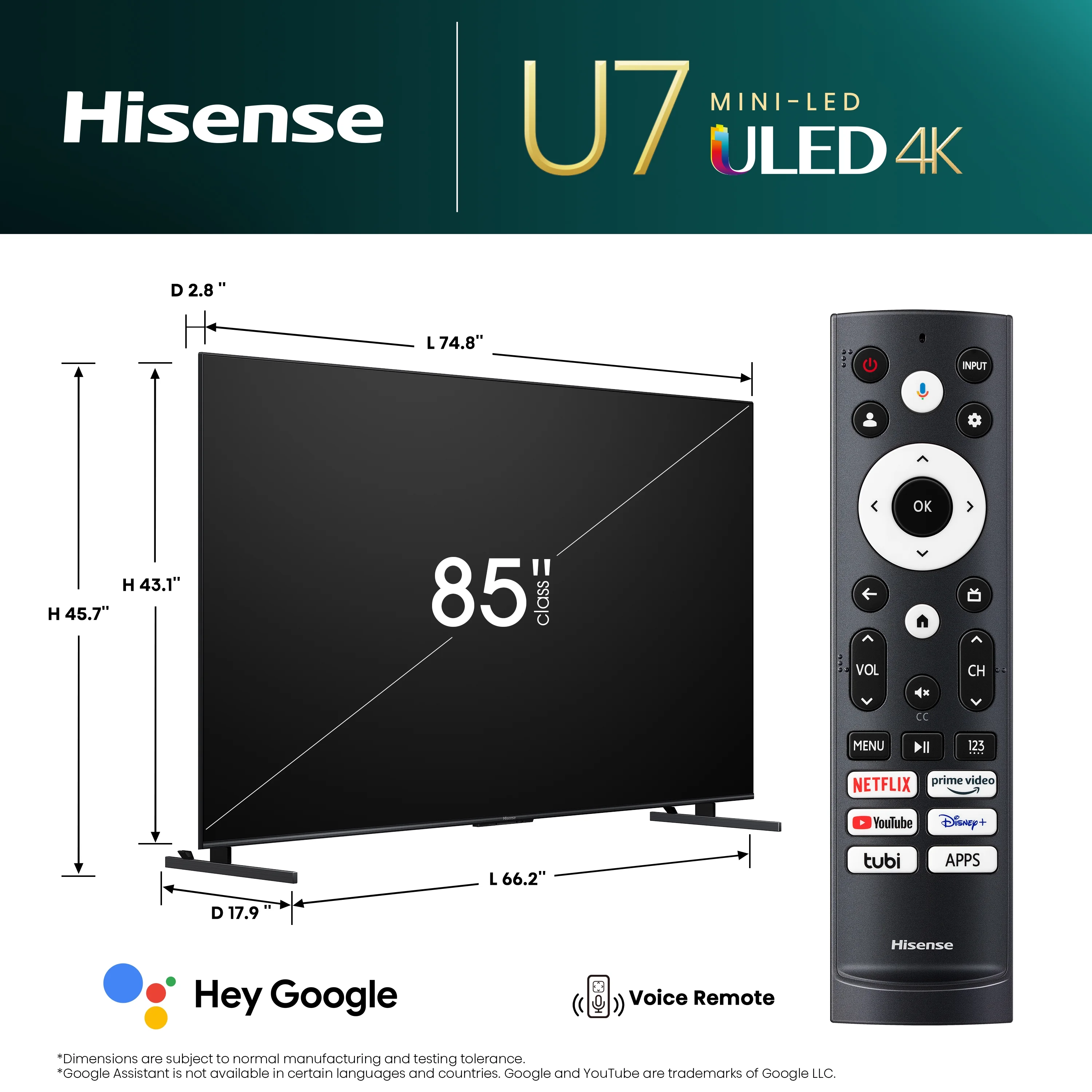 Hisense 85" Class U7 Series Mini-LED ULED 4K UHD Google Smart TV (85U7K) - QLED, Native 144Hz, 1000-Nit, Dolby Vision IQ, Full Array Local Dimming, Game Mode Pro