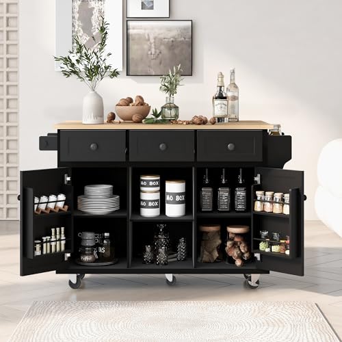 53.5Inch Kitchen Island with Power Outlet, Storage Cabinets Trolley with Drop Leaf, Spice Rack and Drawer, Rolling Kitchen Cart on Wheels, for Farmhouse and Dining Room, Black