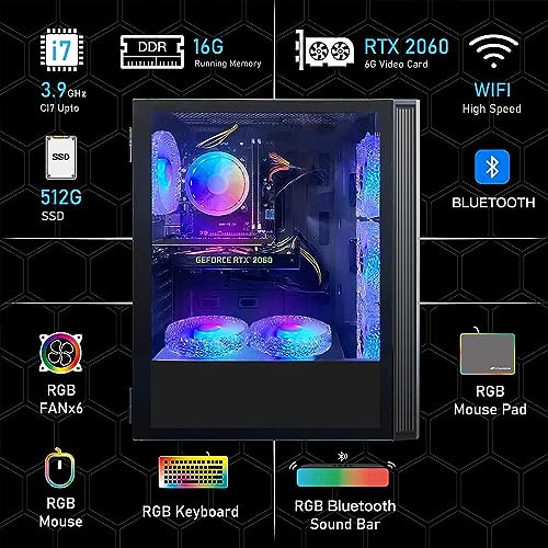 STGAubron Gaming PC Desktop Computer, Intel Core I7 up to 3.9 GHz, Radeon RX 580 8G, 16G RAM, 512G SSD, WiFi, Bluetooth 5.0, RGB Fan x6, RGB BT Sound Bar, Windows 10 Home