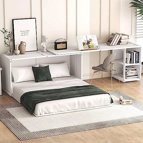 Queen Size Murphy Bed with Rotable Desk, Floor Low Murphy Bed with Desk, Wood Murphy Bed Folding Wall Bed for Home Office Small Room, White