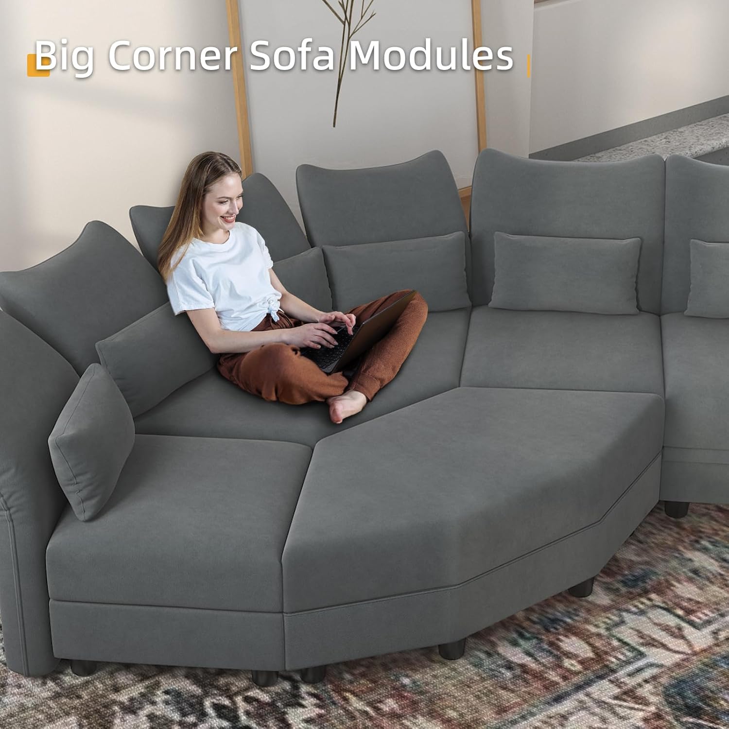 LLappuil Velvet Modular Sectional Sofa, 163.4" Oversized 8-Seater U Shaped Sectional Couch with Big Corner Ottoman, High Back Modular Couches with Storage Chaise for Living Room, Anti-Scratch Grey