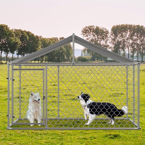 13.1x13.1x7.6 FT Outdoor Dog Kennel, Large Heavy Duty Galvanized Steel Dog Cage with Waterproof Cover, Dog Fence House w/Secure Lock, Anti Rust Dog Enclosure Playpen for Backyard, Silver
