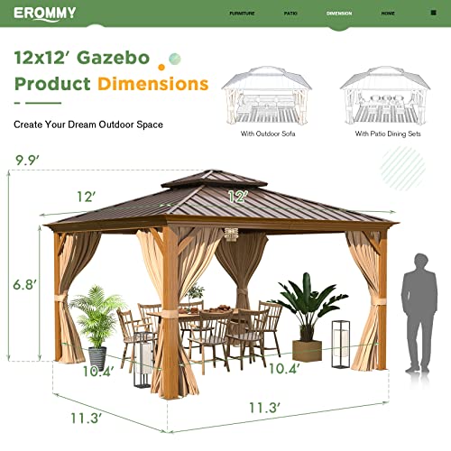 EROMMY 14'x20' Hardtop Gazebo Double Roof Galvanized Steel Canopy Outdoor Aluminum Frame Permanent Metal Pavilion with Netting and Curtains for Patio Backyard Deck and Lawns