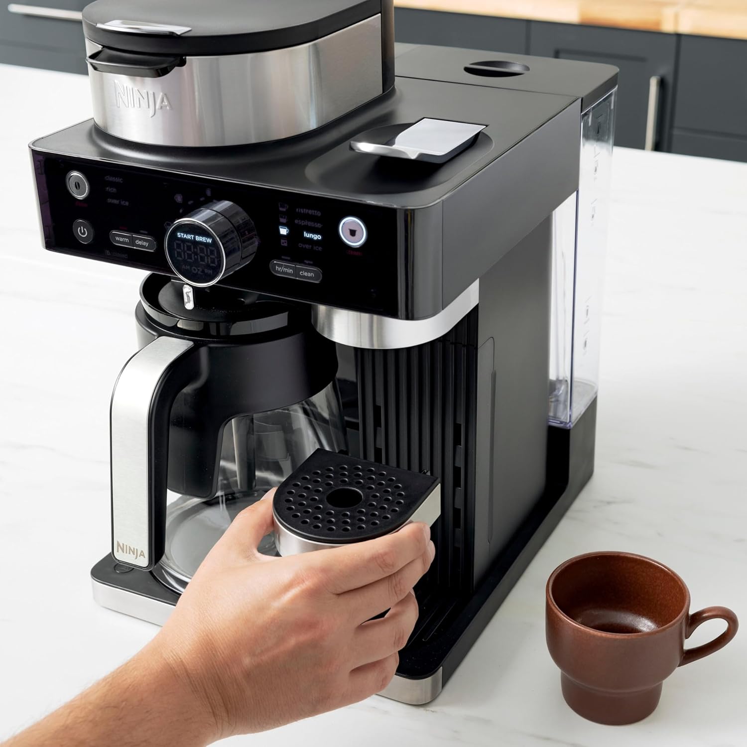 Ninja CFN602 Espresso & Coffee Barista System with Ristretto Function, Single-Serve Coffee & Nespresso Capsule Compatible, 12-Cup Carafe, Built-in Frother, Espresso, Cappuccino & Latte Maker
