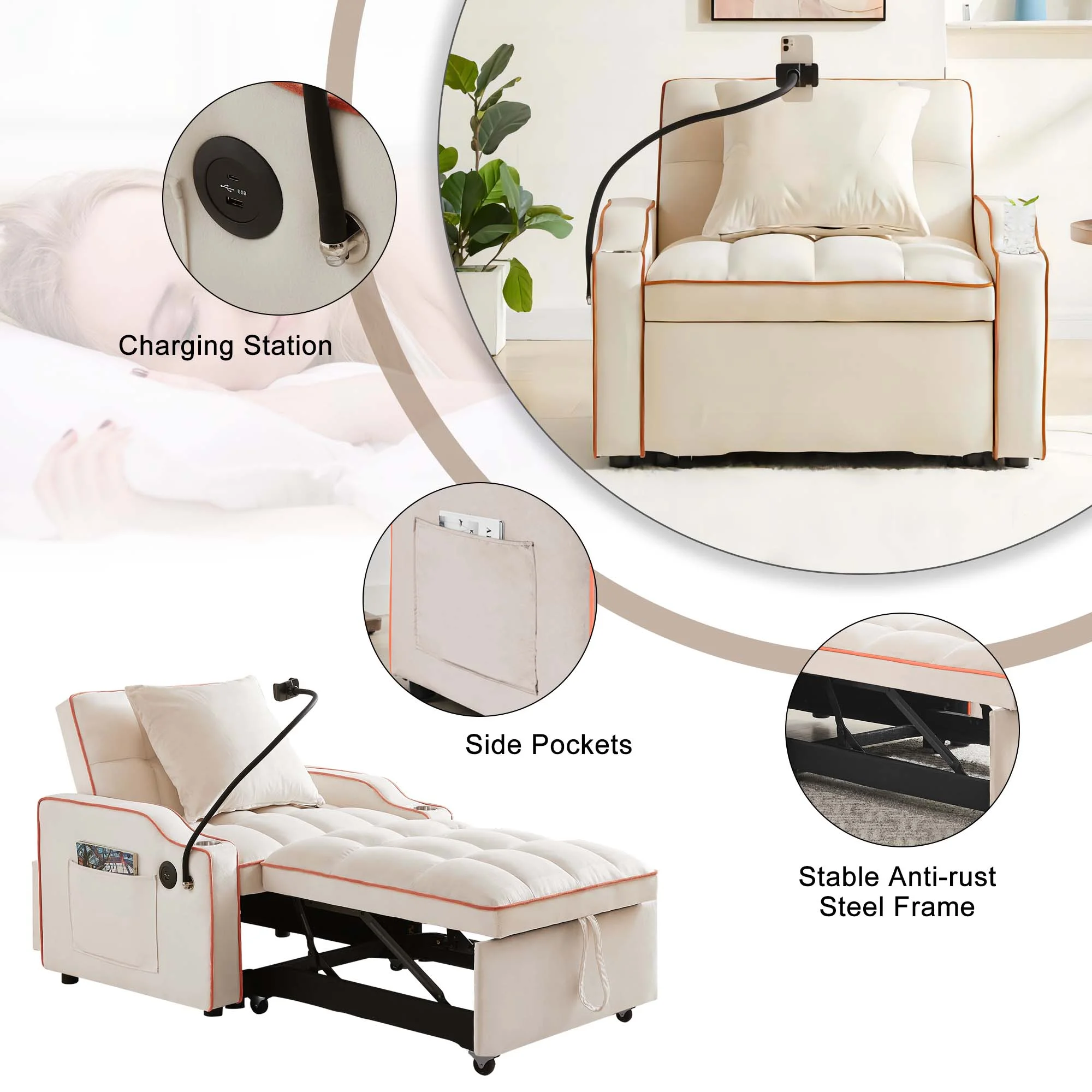 Aukfa Sleeper Chair Bed, Convertible Pull Out Sofa Bed with USB Port, Cup Holders and Swivel Phone Holder, Beige