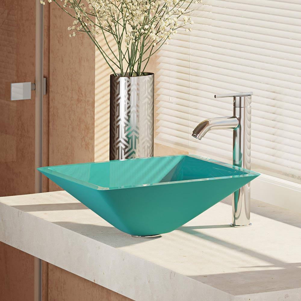 Rene R5-5003-CER-R9-7001 16-1/2x22 Glass Vessel Bathroom Sink with Vessel Faucet Cerulean / Chrome