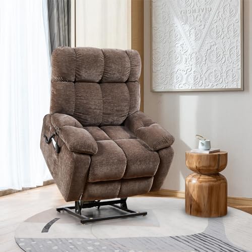 Power Lift Recliner Chair with Massage and Heat, High-end Quality Cloth Power Reclining Chair with 2 Motors for Elderly, 3 Positions, 2 Side Pockets, USB Charge Ports, Brown