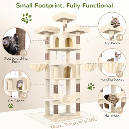 Globlazer Big Cat Tower for Indoor Cats, 80inch Cat Tower for Multiple Adult Cats XXL Cat Tree with Scratching Post, Hammock, 3 Perches, 2 Condos, 2 Hanging Basket, F80, Light Grey