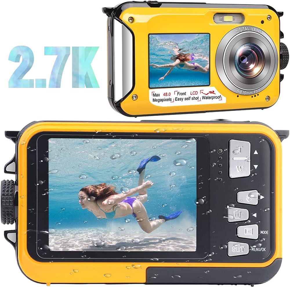 Waterproof Camera Waterproof Digital Camera 48MP Image 2.7K Video Underwater Camera for Snorkeling | Dual Screen | 16X Digital Zoom | Flashlight | 10 Feet Waterproof (Blue) Pack of 2