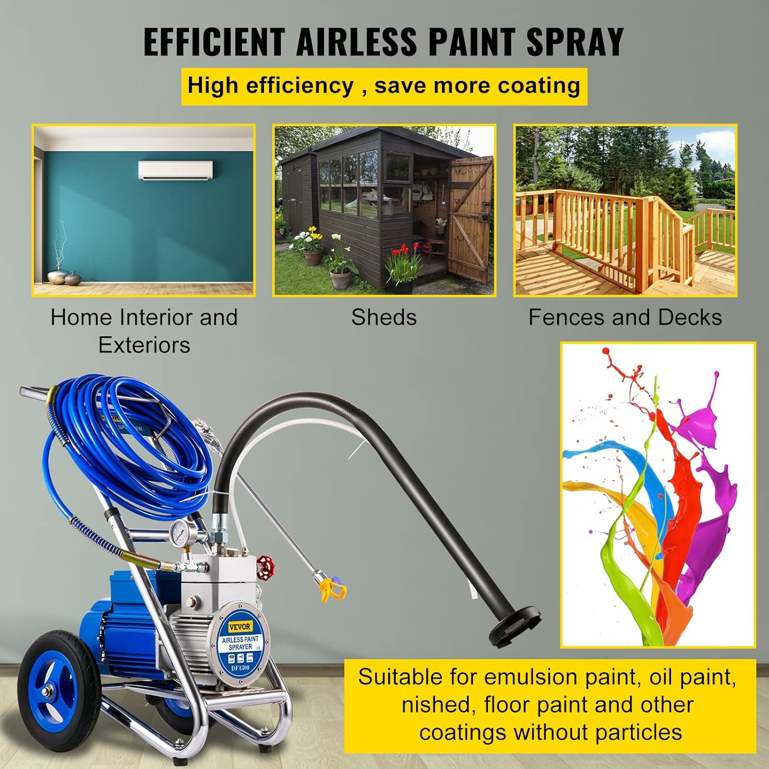 VEVOR Airless Paint Sprayer, 1500W High Efficiency Cart Airless Paint Sprayer, 1GPM 50FT Hose Paint Sprayer w/ 621 Tip & 6in Extension Bar, Ideal for Home Interior Exterior