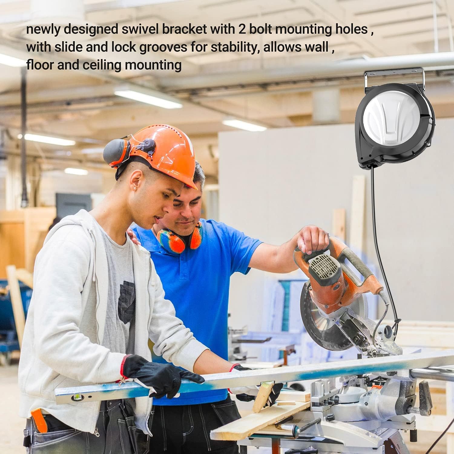 Extension Cord Reel, 65ft Retractable Extension Cord + 4.5ft/12AWG/SJTOW Rated Cord, Cord Holder with Swivel Bracket, Overload Protection, Auto Retraction and Triple Socket for Wall/Ceiling Mounting