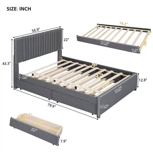 Full Size Linen Upholstered Platform Bed Frame with Twin XL Trundle and 2 Drawers Classic Headboard Design No Box Spring Required Noise Free Strong Wood Slat Support Easy to Assemble Beige