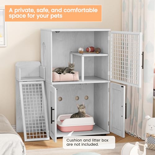 IDEALHOUSE Modern Villa Cat Litter Box Enclosure with Platform,Double Layer Cat Litter Hidden Furniture,Hidden Cat Washroom Furniture Indoor, Cat House with Ladder,33.5" L x 17.9" W x 41.9" H,Wax Wood