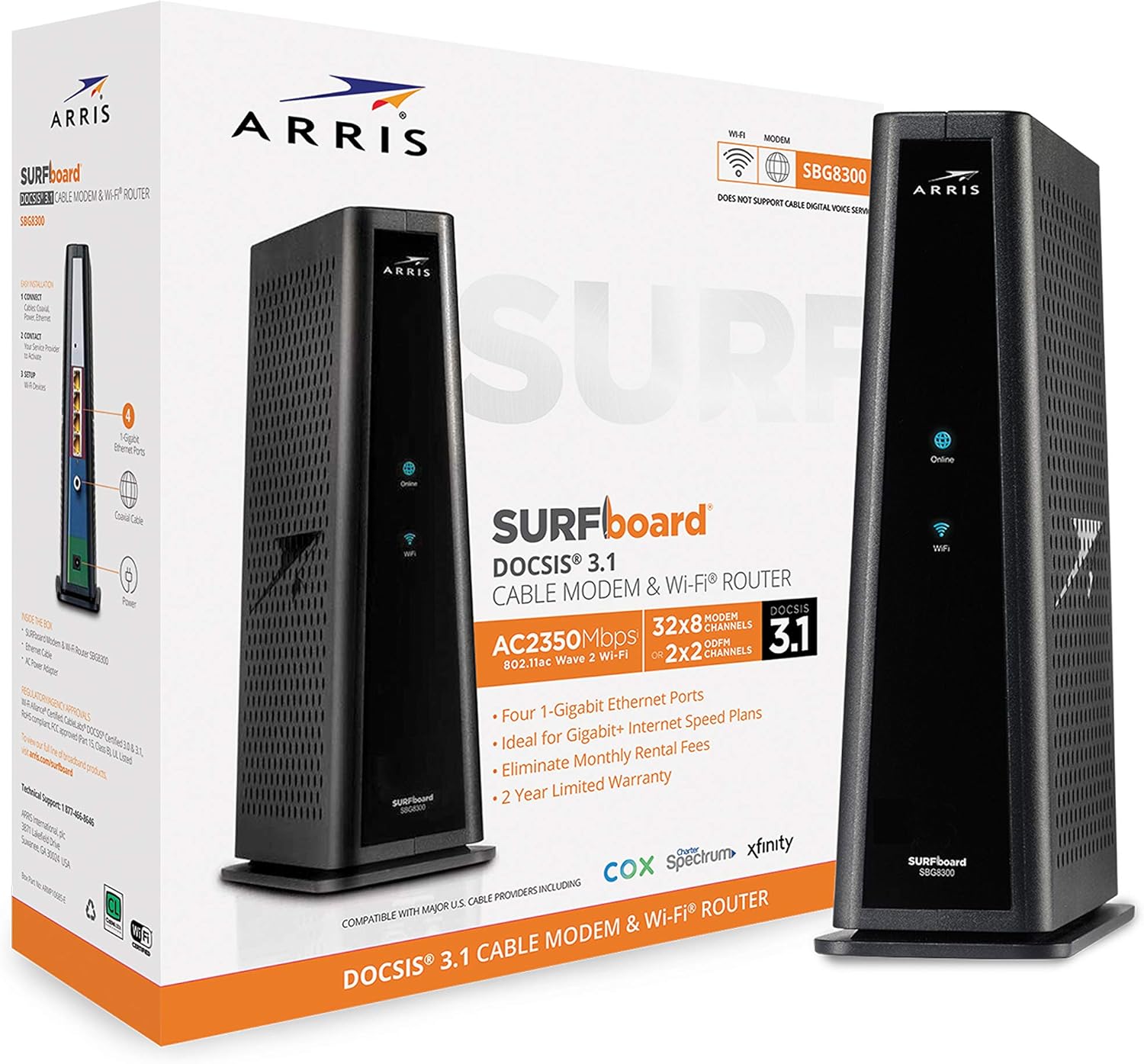 ARRIS SURFboard SBG8300 DOCSIS 3.1 Gigabit Cable Modem & AC2350 Dual Band Wi-Fi Router, Approved for Cox, Spectrum, Xfinity & others (black)