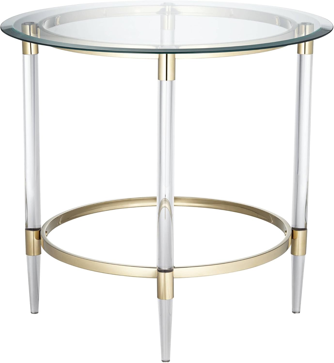 55 Downing Street Saarinen Modern Minimalist Glass Round Accent Side End Table 24 3/4" Wide Clear Gold Rings for Spaces Living Room Bedroom Bedside Entryway House Home Office Bathroom Decor