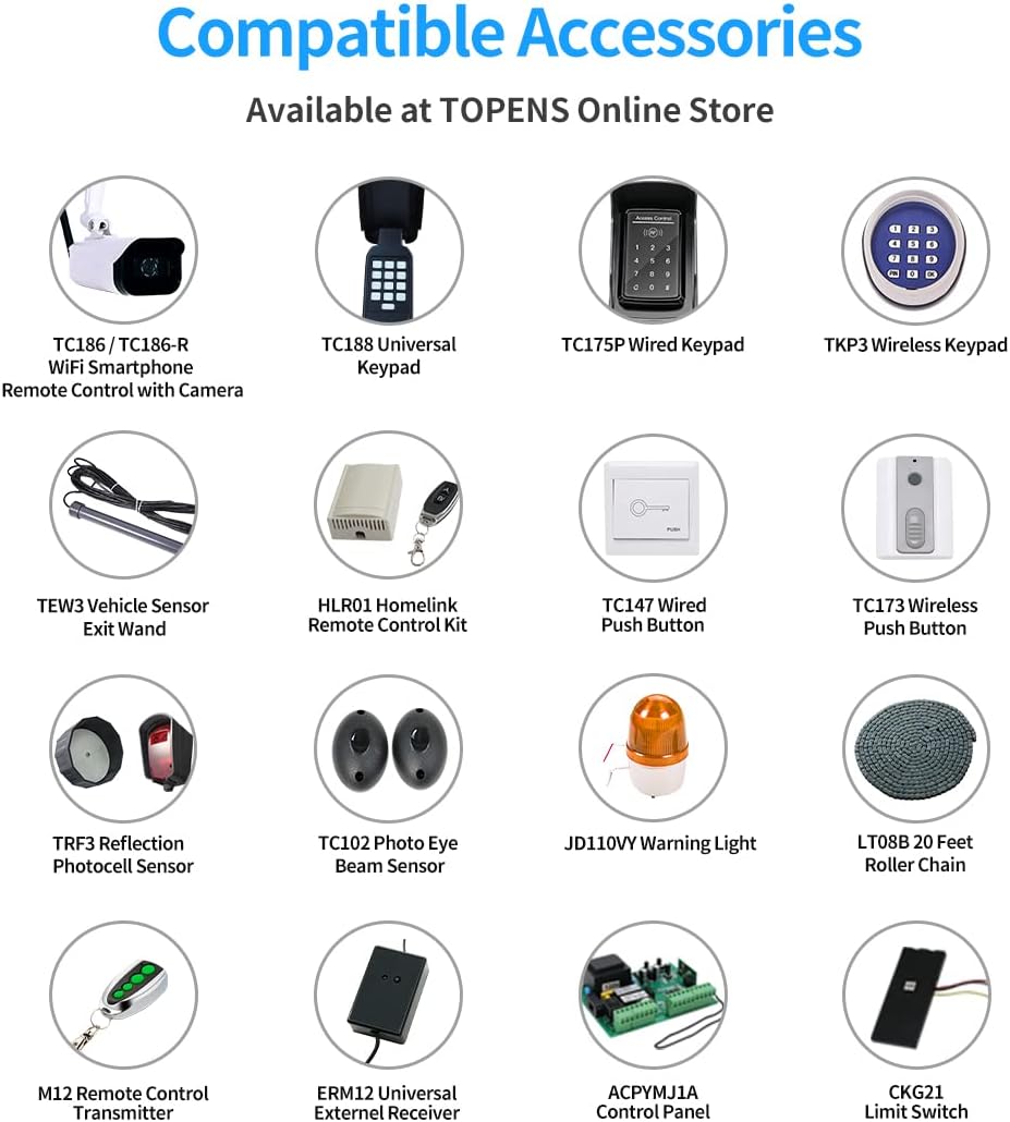 TOPENS CK1200 Automatic Sliding Gate Opener Chain Drive Electric Gate Motor for Heavy Driveway Slide Gate Up to 3400 Pounds, Security Gate Operator AC Powered with 20ft Roller Chain and Remote Control